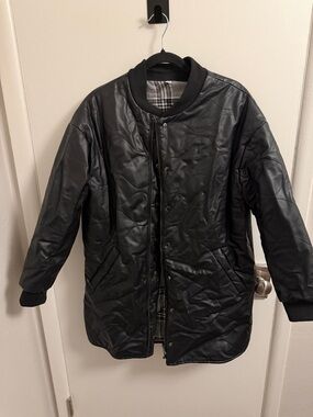 Women's Black Quilted Faux-Leather Bomber Jacket